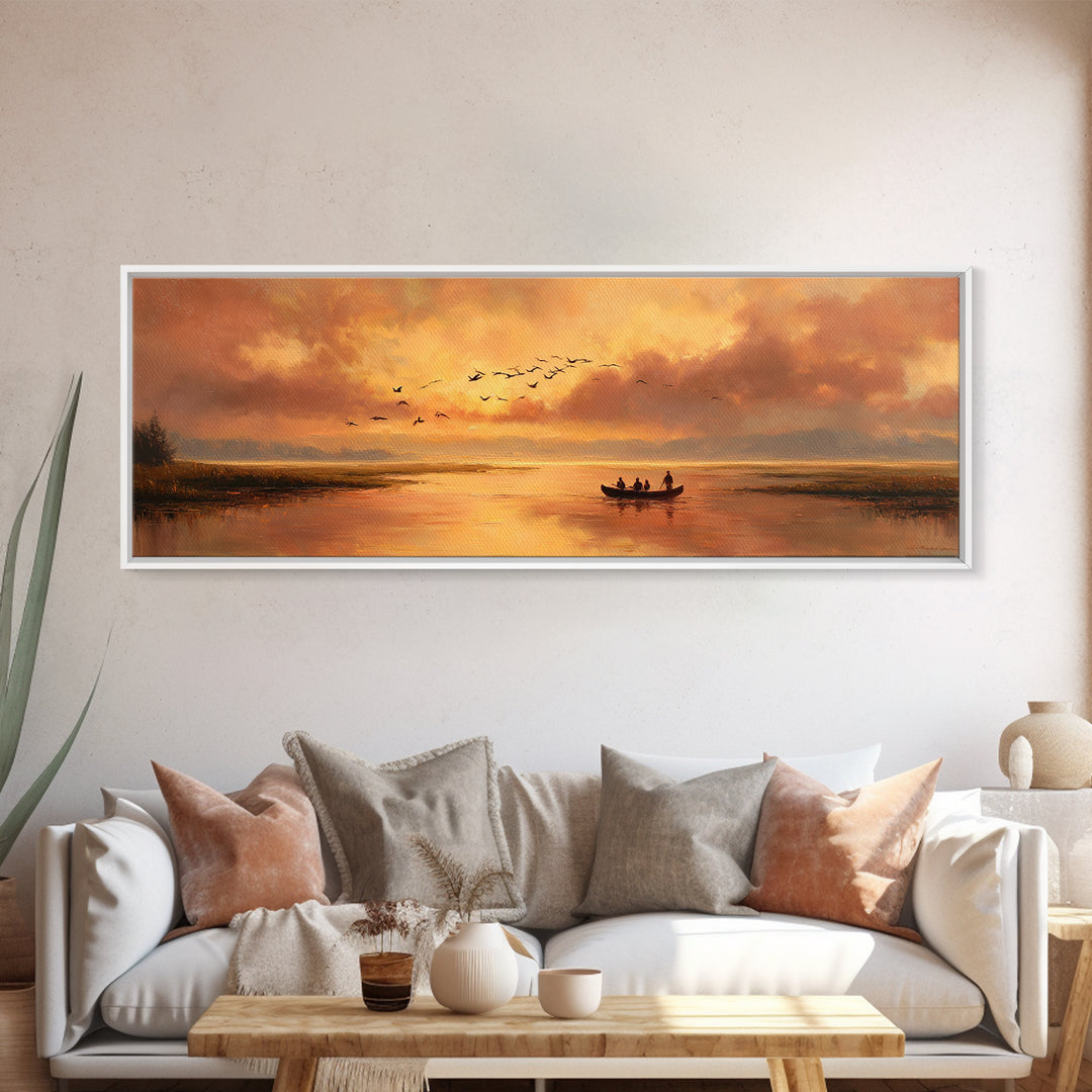 Majestic Canvas Print Featuring Golden Light Over Calm River With Silhouetted Boat Serene Landscape Art For Living Room Home Decor And Tranquil Spaces