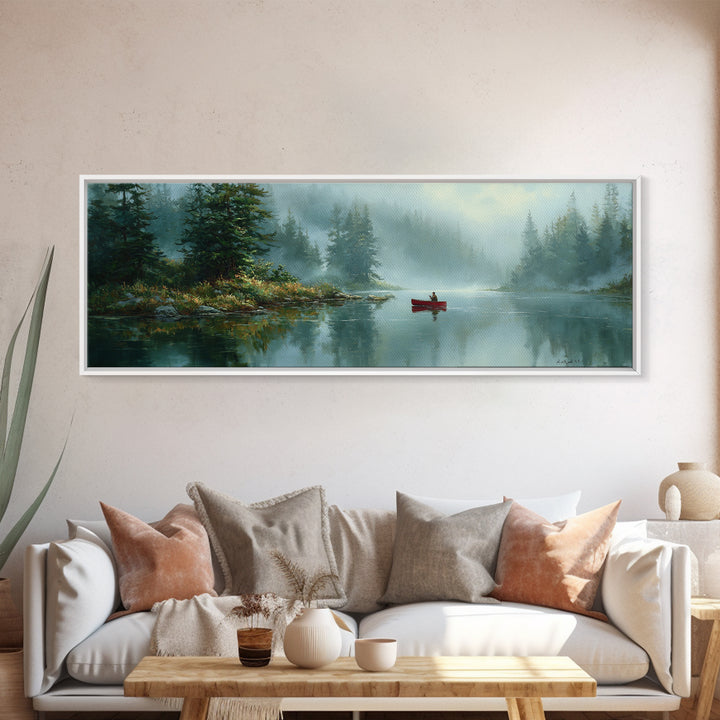 Peaceful Canoeist On Misty River Reflecting Mountain Landscape Wall Art Fine Art Canvas Print For Living Room