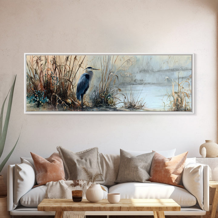 Detailed Watercolor Painting Of Heron By Misty Lakeside Capturing Serene Nature Wall Art Print