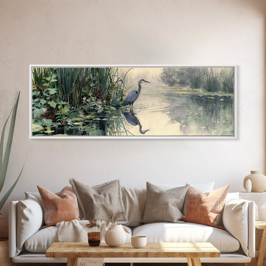 Serene Watercolor Painting Of Heron Standing In Misty Wetlands Surrounded By Lush Vegetation Wall Art