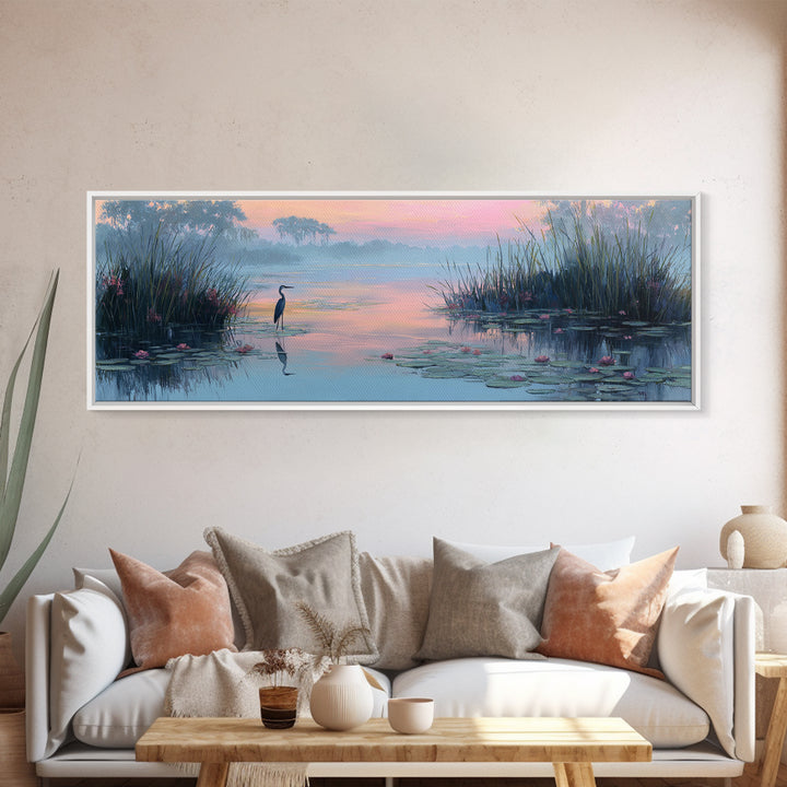 Tranquil Wetland Scene With Heron Standing Among Lilies At Sunrise Wall Art Canvas Print For Bedroom Decor