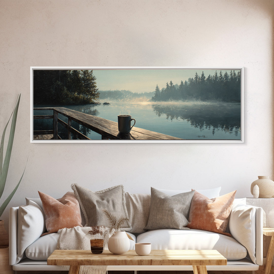 Calm Morning Lake View With Pier And Rising Mist Landscape Painting Wall Art Canvas Print Large Decor For Rustic Home And Cabin