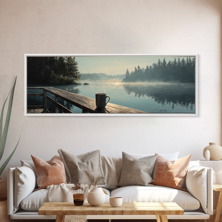 Calm Morning Lake View With Pier And Rising Mist Landscape Painting Wall Art Canvas Print Large Decor For Rustic Home And Cabin