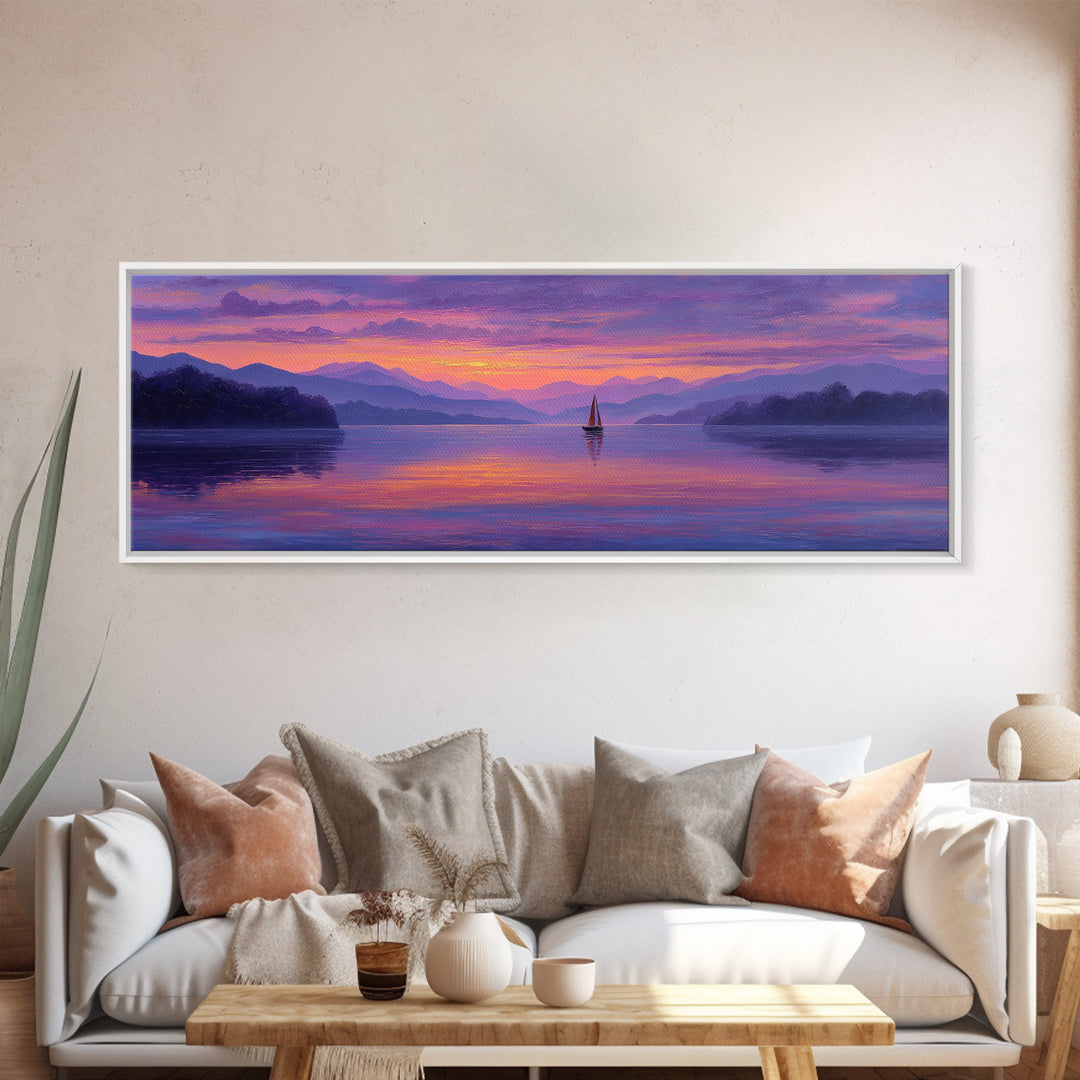 Serene Sunset Lake Landscape With Sailboat And Purple Mountains Painting Wall Art Framed Canvas Print For Tranquil Living Room Decor And Nature Lovers