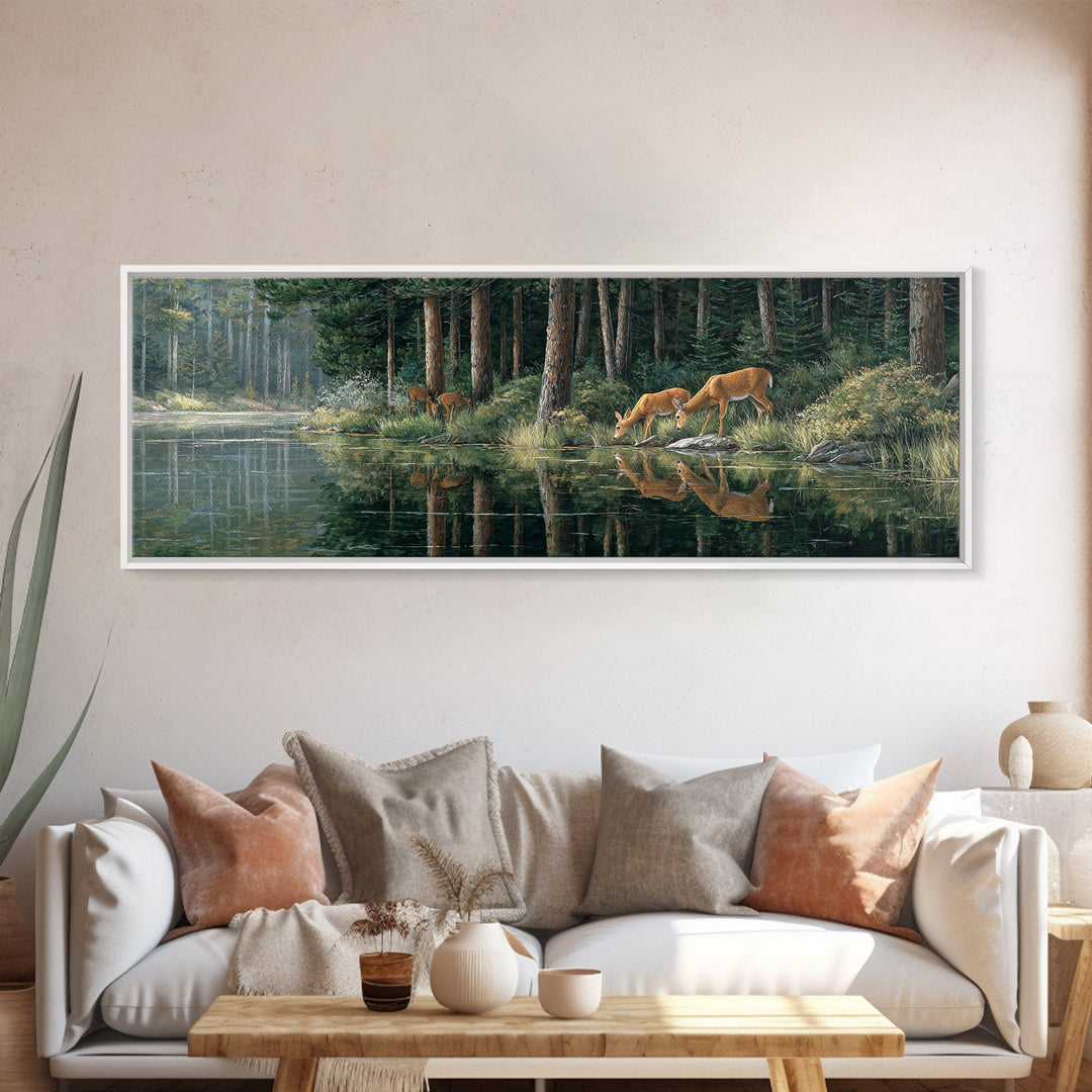 Peaceful Forest Scene With Deer Drinking By The Stream Reflective Nature Wall Art For Living Room Decor Framed Canvas Print