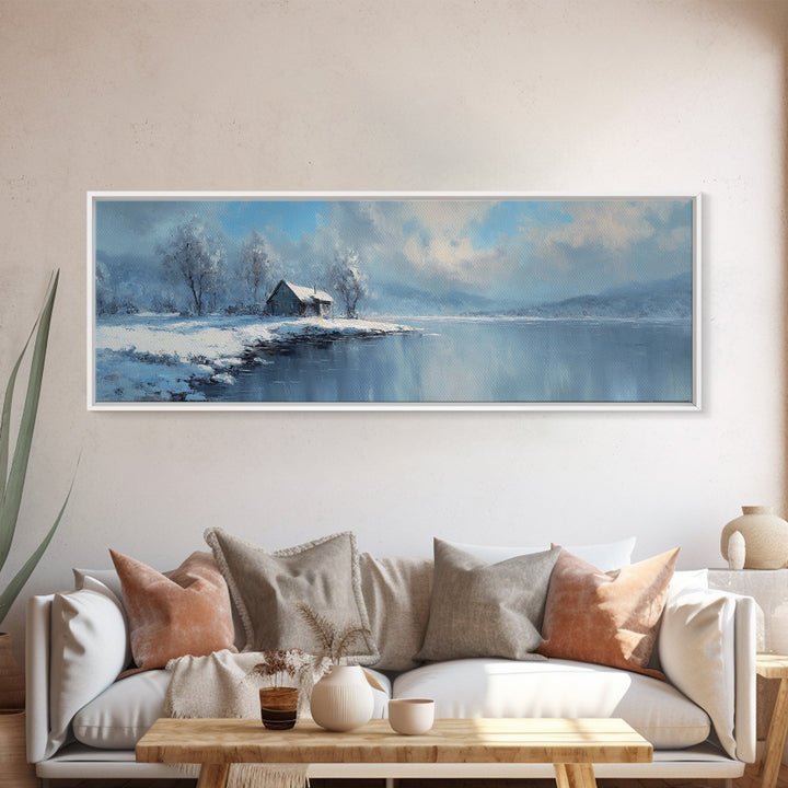 Peaceful Winter Lake Landscape With Snow Covered Cabin Painting Canvas Print Large Wall Art For Cozy Home Decor