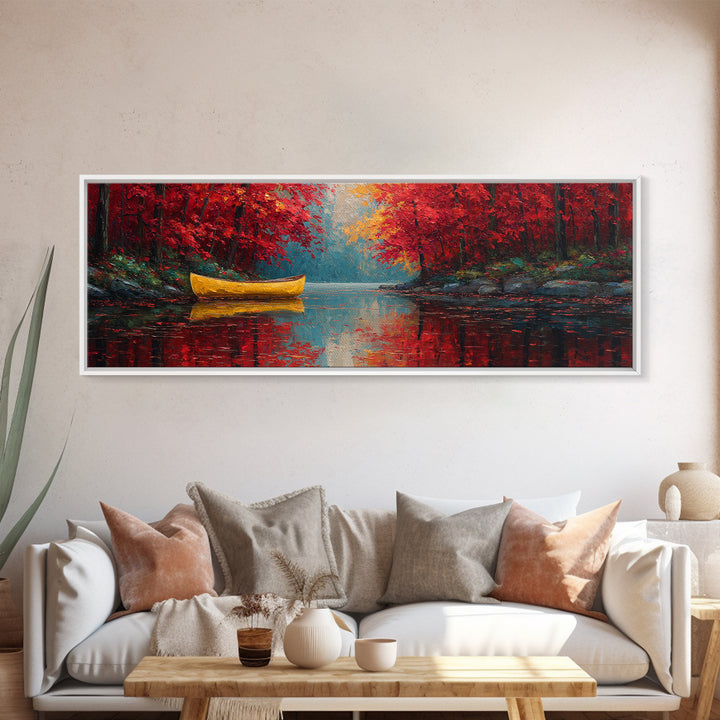 Vibrant Yellow Canoe On Calm Lake With Autumn Red Trees Framed Canvas Print Rustic Fall Wall Art