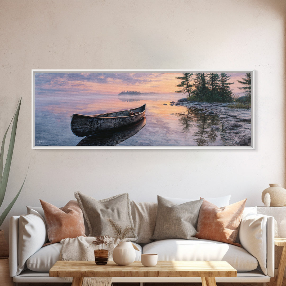 Peaceful Canoe At Sunrise On Misty Lake Landscape Wall Art Framed Canvas Print For Bedroom Or Living Room Decor