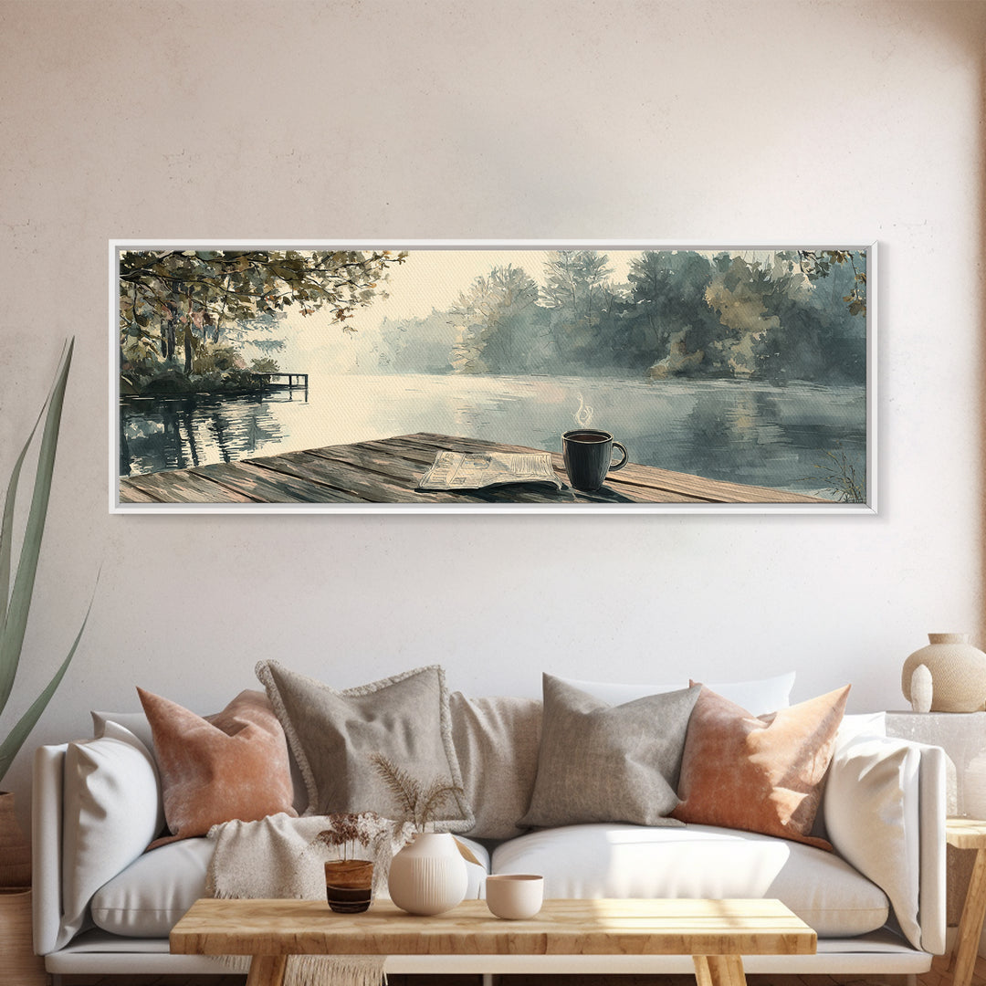 Misty Lakeside Dock Coffee Morning Wall Art, Horizontal Landscape Canvas, Cozy Cabin Decor, Lake House Living Room Print