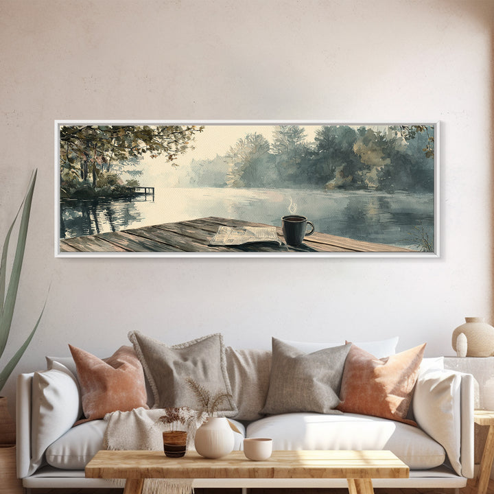 Misty Lakeside Dock Coffee Morning Wall Art, Horizontal Landscape Canvas, Cozy Cabin Decor, Lake House Living Room Print