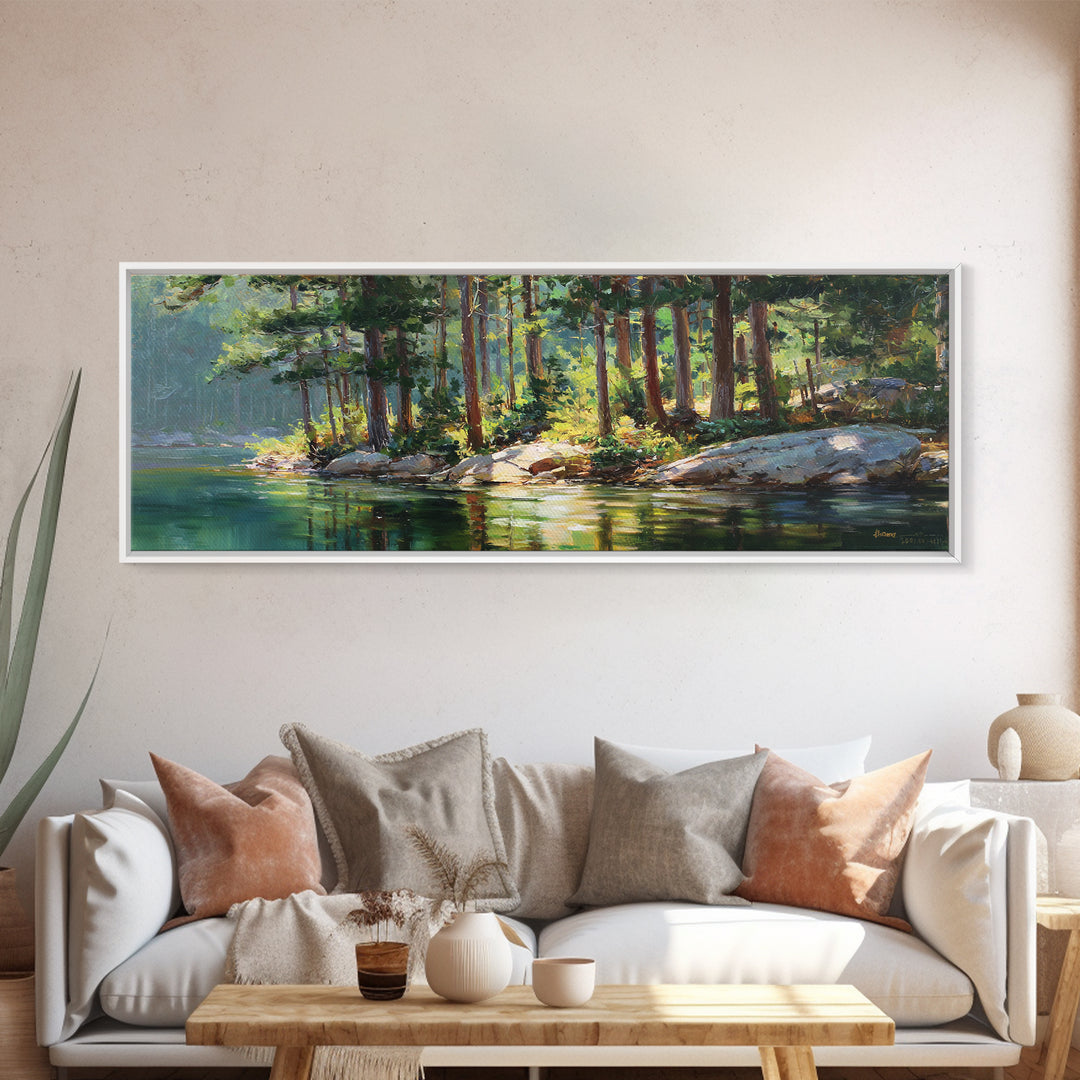 Sunlit Pine Lake Shore Wall Art, Forest Landscape Canvas Print, Nature Wall Decor, Cabin Decor, Large Horizontal Art, Living Room Decor