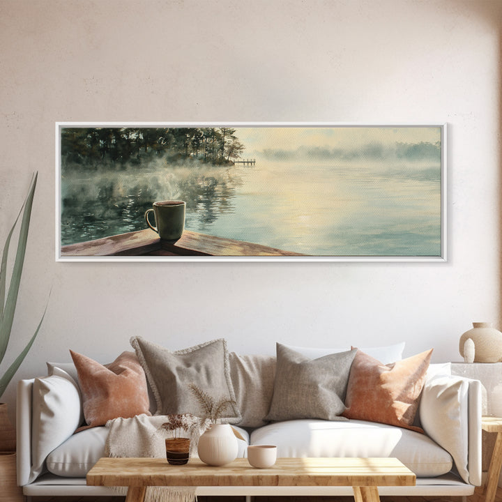 Misty Lake Coffee On Dock Wall Art, Peaceful Morning Landscape Canvas Print, Cozy Kitchen Decor, Calm Nature Wall Decor Art