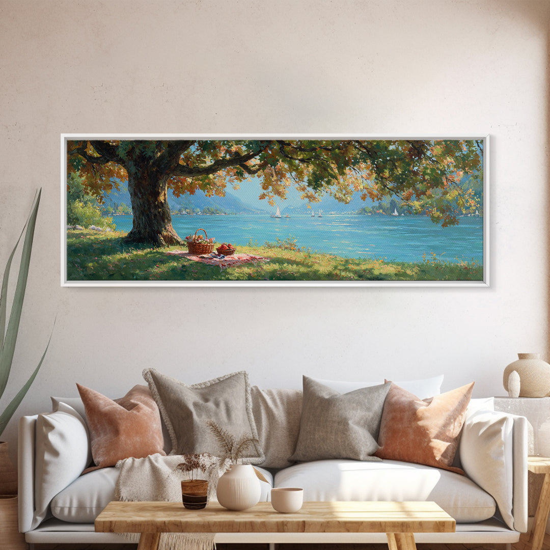 Lakeside Picnic Under Autumn Oak Canvas Print, Coastal Landscape Wall Art, Serene Nature Decor, Living Room Art, Housewarming Gift