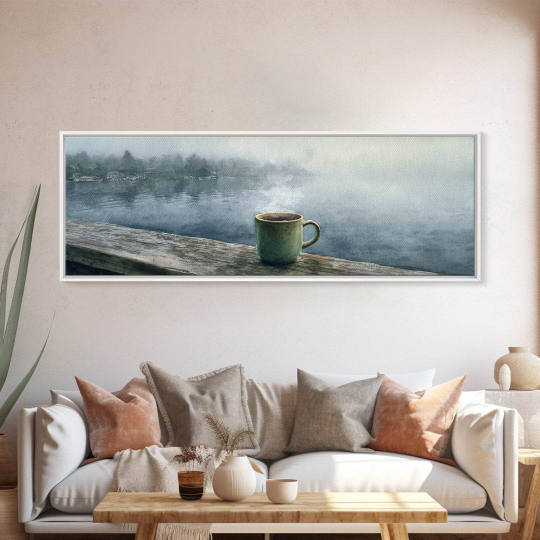 Steaming Coffee Mug On Misty Lake Wall Art, Cozy Cabin Decor, Coffee Bar Print, Rustic Kitchen Art, Serene Morning Landscape