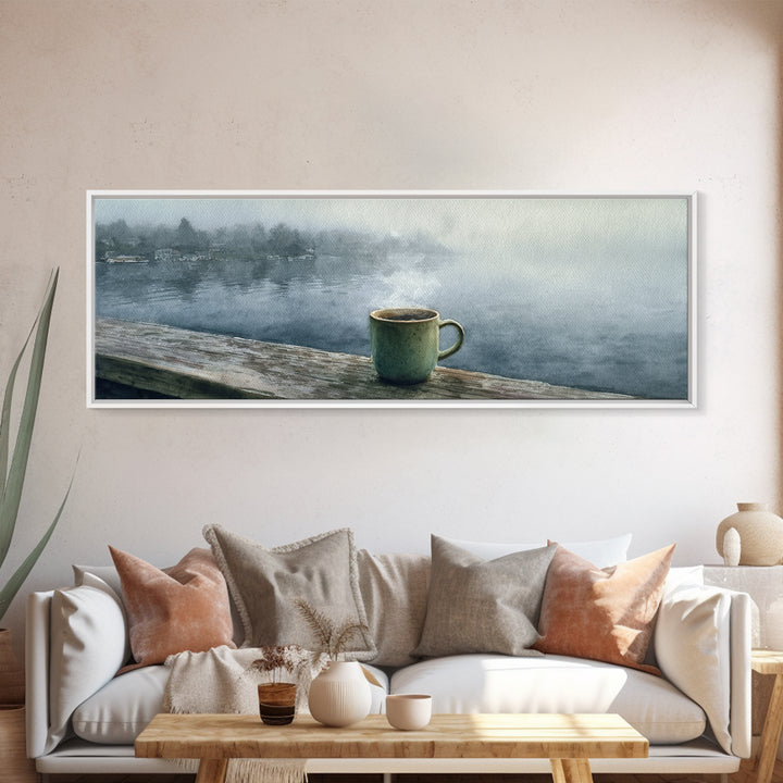 Steaming Coffee Mug On Misty Lake Wall Art, Cozy Cabin Decor, Coffee Bar Print, Rustic Kitchen Art, Serene Morning Landscape