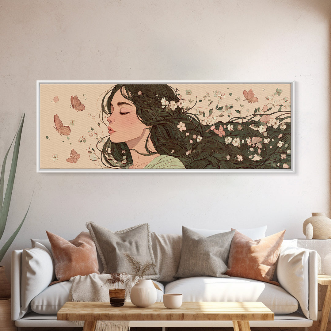 Dreamy Woman With Flowing Hair And Blossoms Canvas Print, Feminine Wall Art, Whimsical Botanical Bedroom Decor Gift For Her