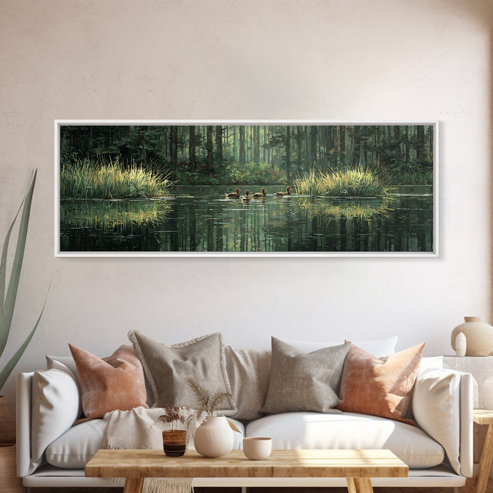 Quiet Forest Pond With Ducks Framed Canvas Print, Nature Wall Art, Rustic Cabin Decor, Green Landscape For Living Room Decor