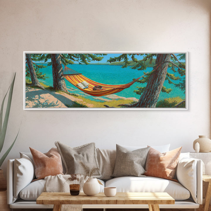 Lakeside Hammock Between Pine Trees Canvas Print, Relaxing Cabin Wall Art, Lake House Decor, Rustic Nature Gift For Living Room Wall Decor