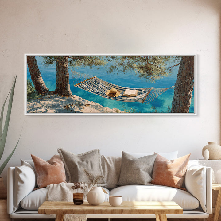 Coastal Hammock By Turquoise Water Wall Art, Beach House Canvas Print, Relaxing Nature Decor, Summer Lake House Gift For Her