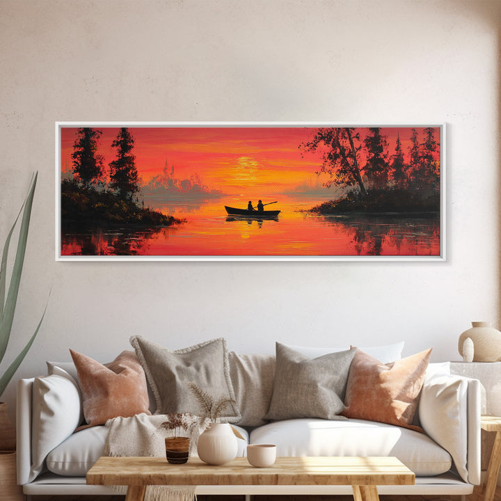 Orange Sunset Canoe Lake Wall Art, Romantic Nature Painting, Cabin Wall Art, Rustic Home Decor, Living Room Landscape Print