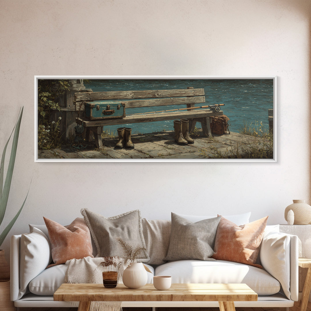 Weathered Lakeside Bench With Boots Canvas Print, Rustic Lake House Wall Art, Fishing Cabin Decor, Moody Landscape Gift For Him