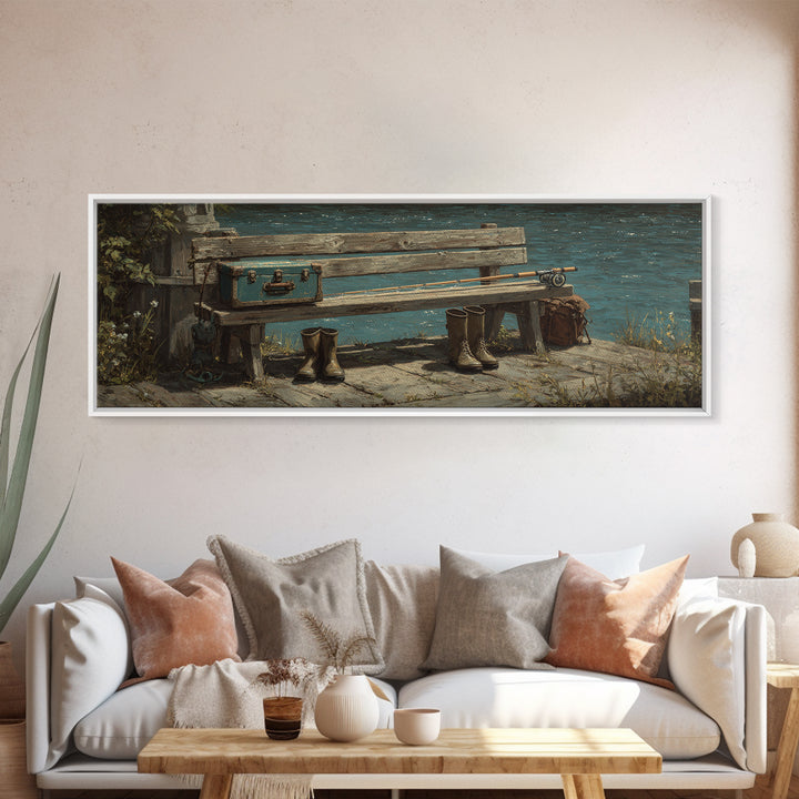 Weathered Lakeside Bench With Boots Canvas Print, Rustic Lake House Wall Art, Fishing Cabin Decor, Moody Landscape Gift For Him