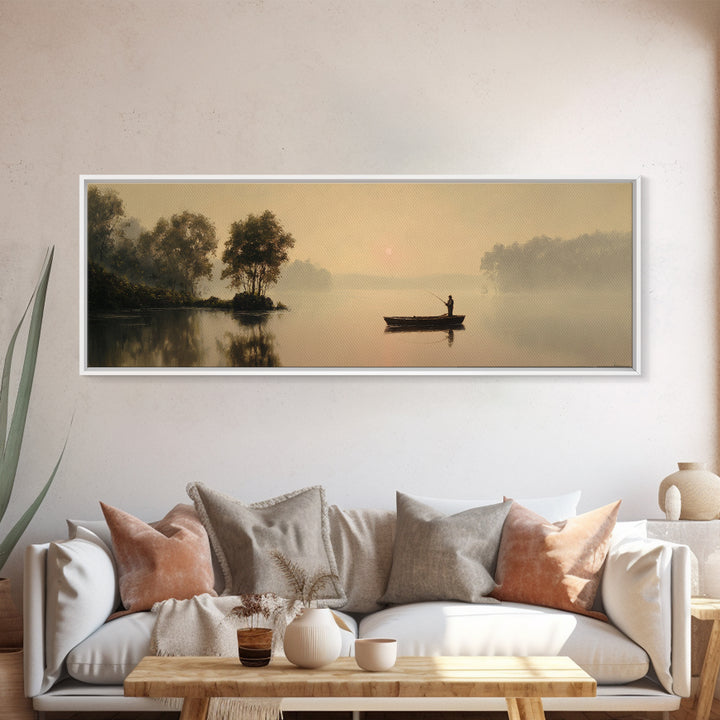 Misty Lake Fisherman Boat Wall Art, Serene Landscape Canvas Print, Neutral Nature Decor, Peaceful Living Room Art Housewarming Gift