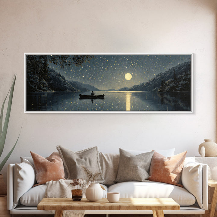 Moonlit Canoe On Snowy Lake Wall Art, Starry Night Landscape Canvas Print, Rustic Cabin Decor For Peaceful Home Living Room Wall Decor