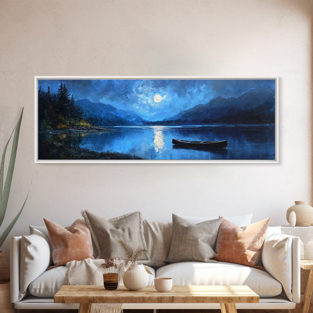 Moonlit Blue Lake Canoe Canvas Print, Moody Landscape Wall Art, Mountain Lake Decor, Cabin Wall Decor, Peaceful Nature Art