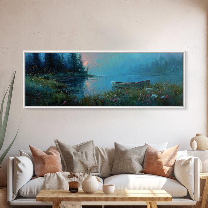 Twilight Canoe Lake Wall Art, Blue Forest Landscape Canvas Print, Wildflower Nature Decor, Cozy Cabin Living Room Gift For Her