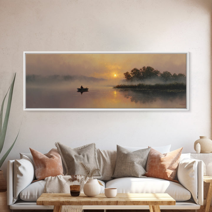 Misty Lake Sunrise With Rowboat Framed Canvas Print, Serene Marsh Landscape Wall Art, Rustic Nature Decor, Peaceful Art