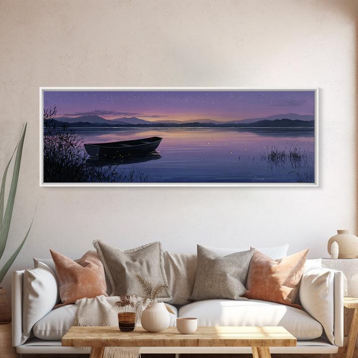 Twilight Lake Boat Framed Canvas Print, Starry Purple Mountain Landscape, Peaceful Cabin Wall Art For Cozy Bedroom Decor