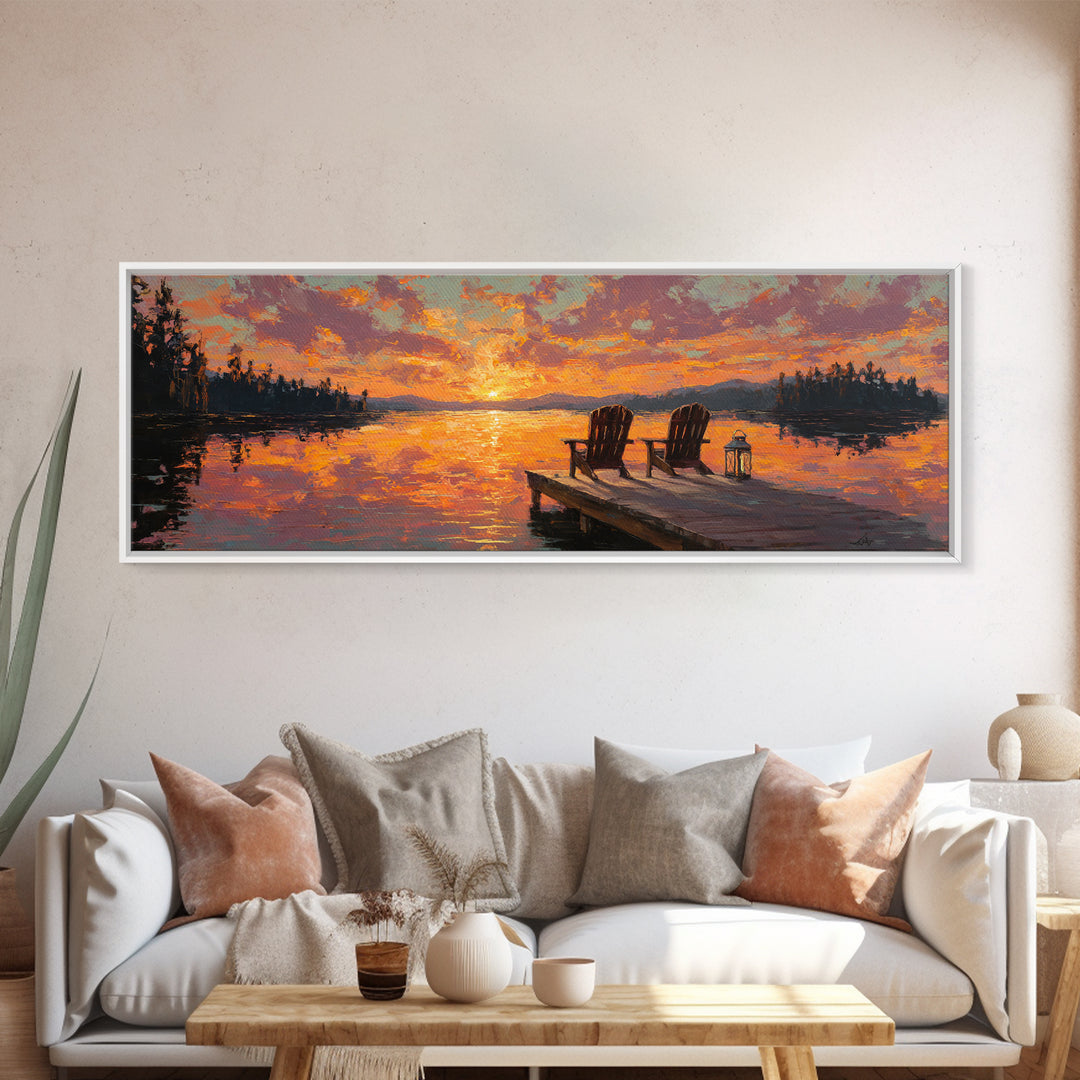 Sunset Lake Dock Chairs Wall Art, Panoramic Cabin Decor, Rustic Lake House Canvas Print, Above Bed Living Room Decor Gift