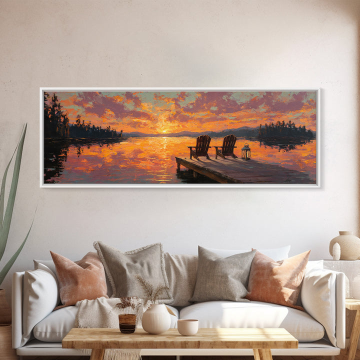 Sunset Lake Dock Chairs Wall Art, Panoramic Cabin Decor, Rustic Lake House Canvas Print, Above Bed Living Room Decor Gift