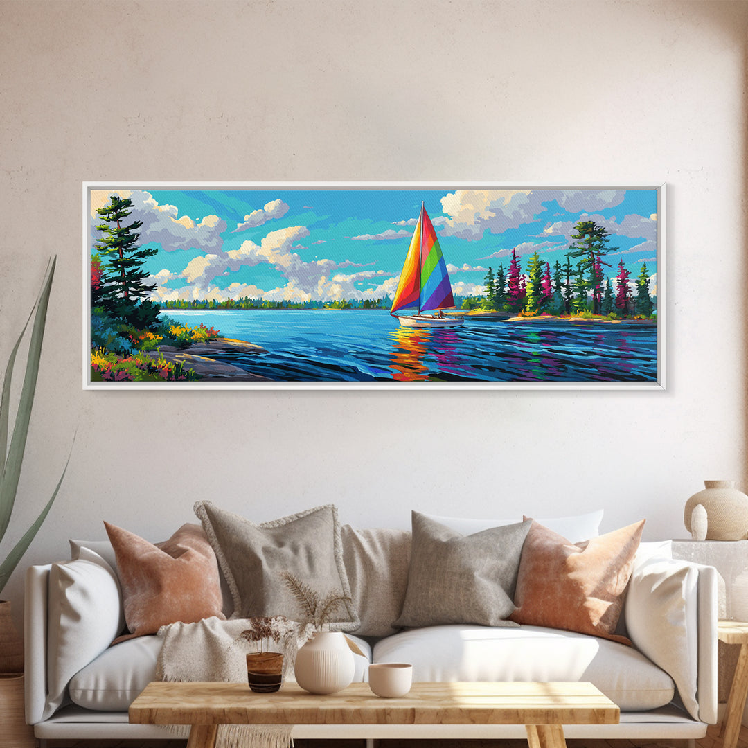 Rainbow Sailboat On Blue Lake Canvas Print, Colorful Wall Art, Coastal Decor, Nautical Poster, Lake House Living Room Art