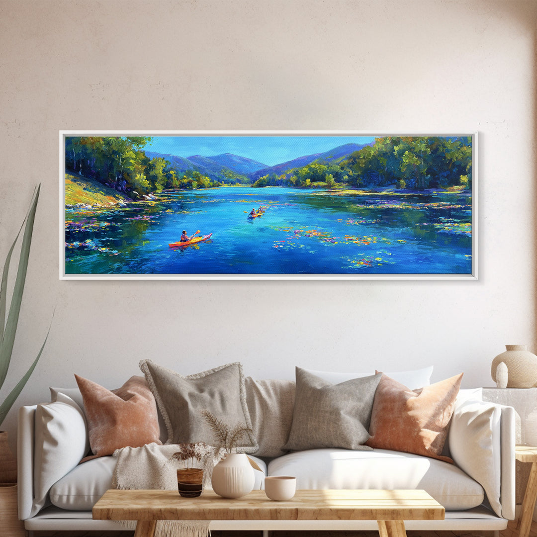 Kayakers On Blue Mountain River Wall Art, Panoramic Landscape Canvas Print, Nature Wall Decor, Living Room Art, Large Horizontal Home Decor