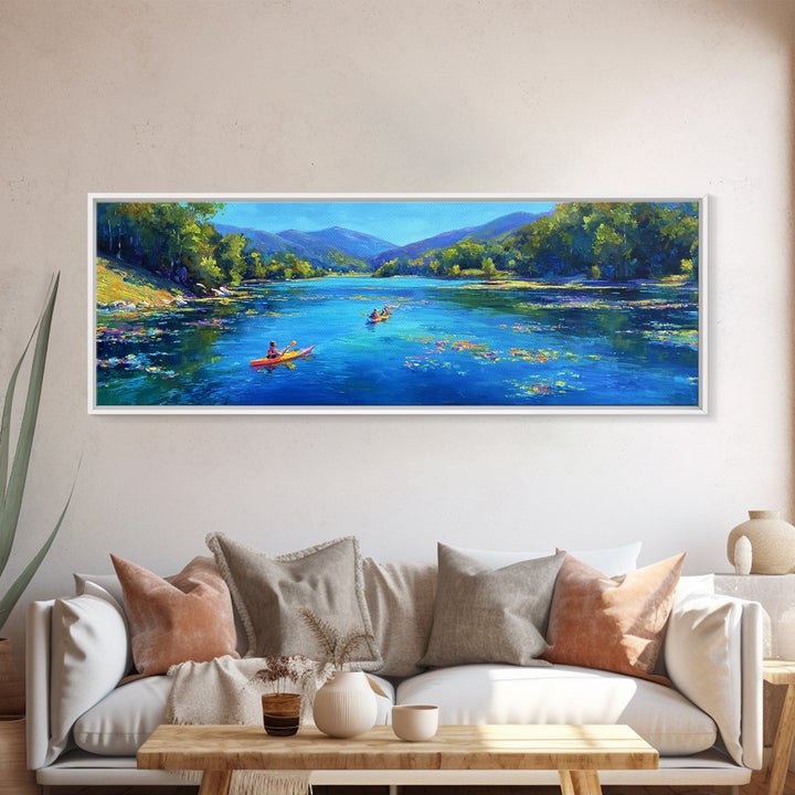 Kayakers On Blue Mountain River Wall Art, Panoramic Landscape Canvas Print, Nature Wall Decor, Living Room Art, Large Horizontal Home Decor