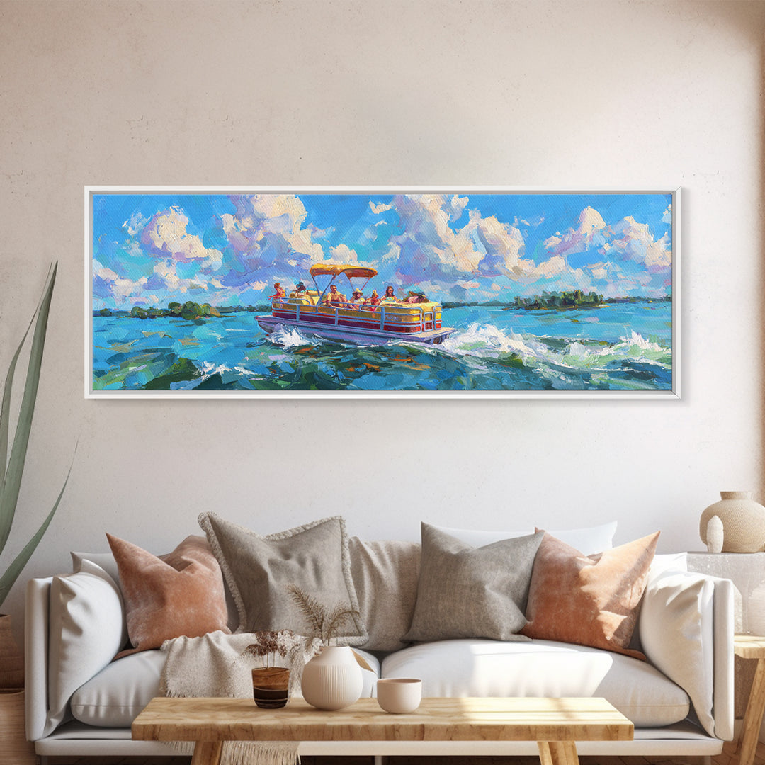 Colorful Pontoon Boat Lake Canvas Print, Coastal Wall Art, Summer Beach Decor, Nautical Landscape, Large Living Room Art