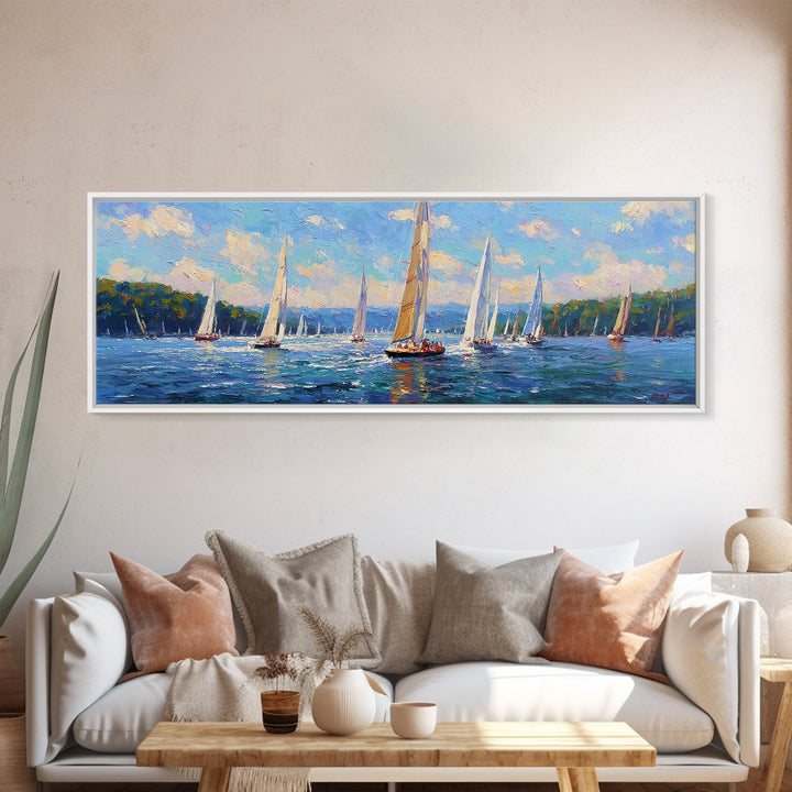 Impressionist Sailboat Regatta Canvas Print, Lake Seascape Wall Art, Nautical Coastal Decor For Living Room And Lake House Decor