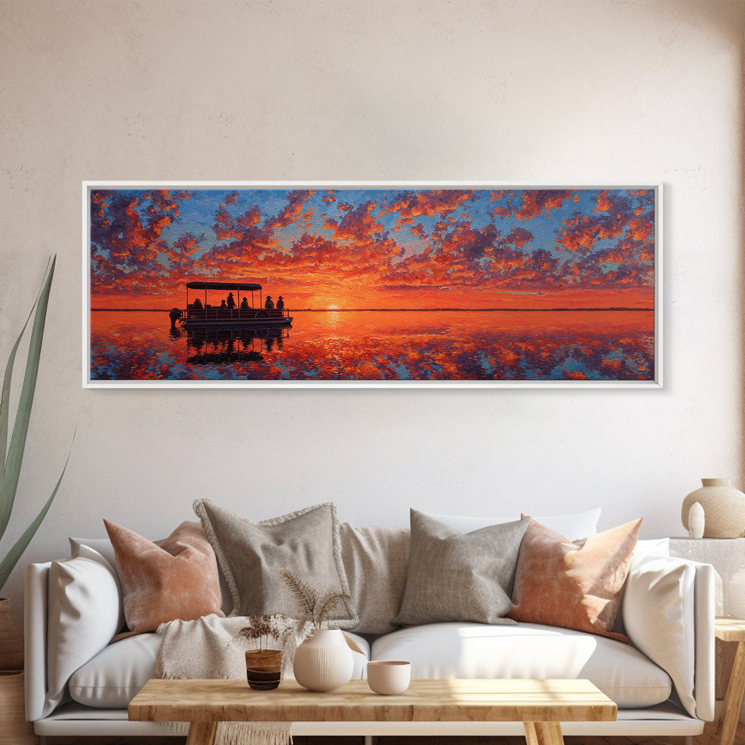 Pontoon Boat On Fiery Sunset Lake Wall Art, Orange Seascape Canvas Print, Nature Decor, Large Landscape Art, Gift For Her