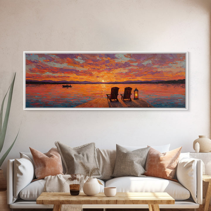 Sunset Dock With Adirondack Chairs Framed Canvas Print, Lake House Wall Art, Colorful Seascape Decor, Romantic Cabin Gift