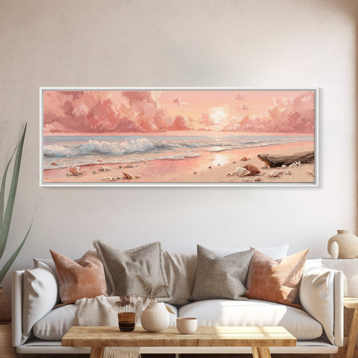 Blush Pink Seashell Beach Sunset Wall Art, Pastel Shore Painting, Coastal Ocean Canvas Decor, Beach House Nursery Decor Gift