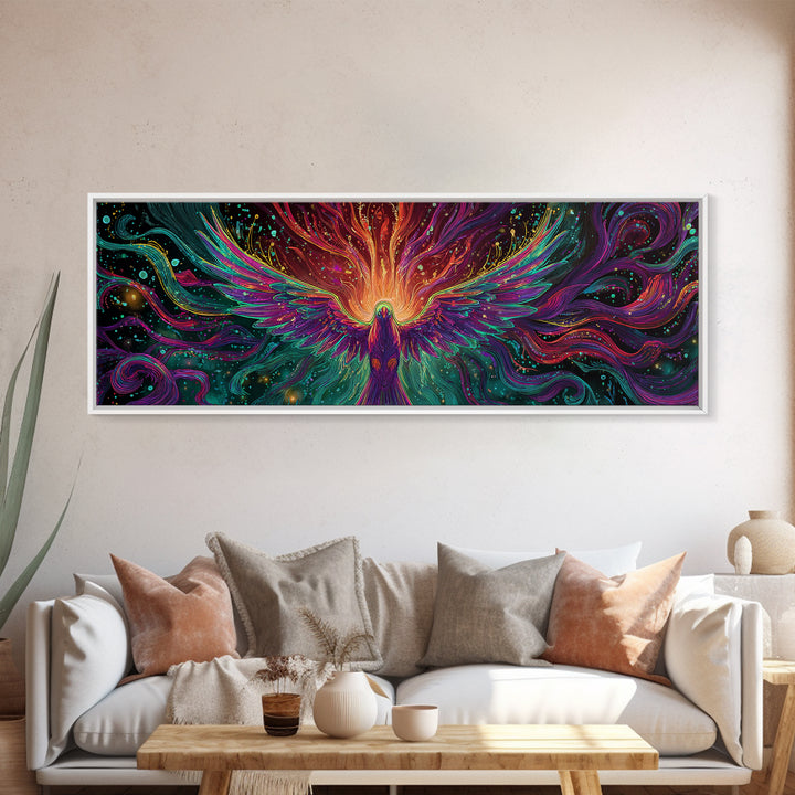 Fiery Rainbow Phoenix Canvas Print, Colorful Fantasy Bird Wall Art, Mythical Creature Decor, Magical Living Room Art, Unique Gift