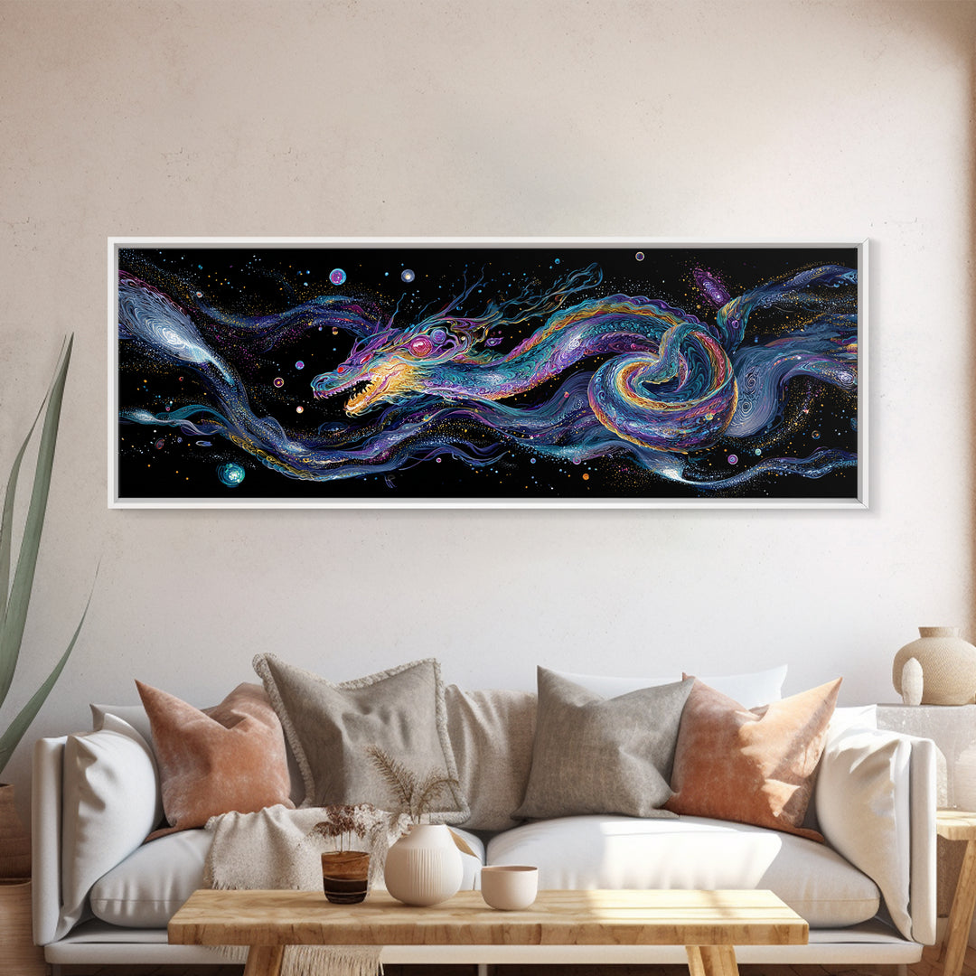 Cosmic Dragon Serpent Swimming Through Galaxies Wall Art, Fantasy Space Canvas Print For Gamer Room Decor And Gift For Him