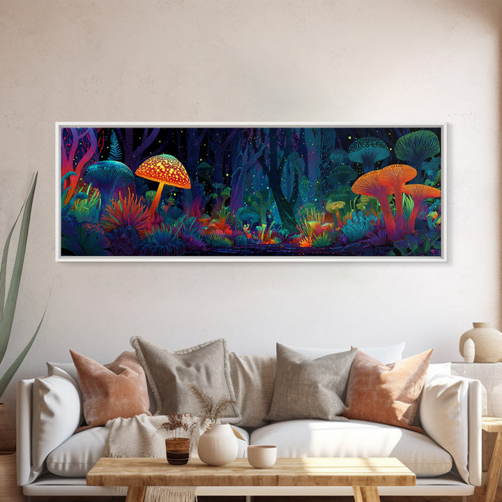 Glowing Mushroom Forest With Neon Woodland Canvas Print, Psychedelic Wall Art For Kids Room Decor And Whimsical Home Decor