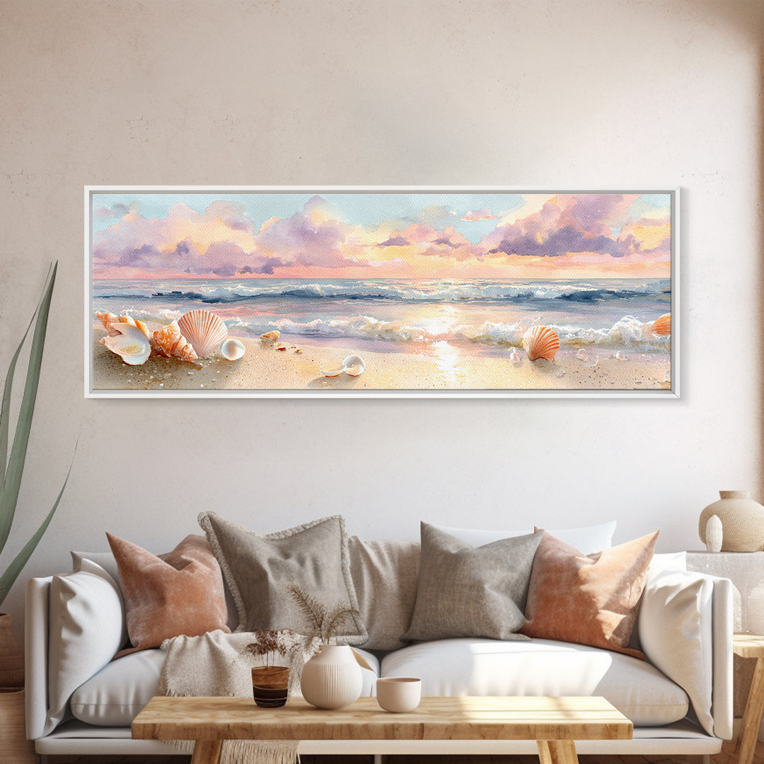 Pastel Seashell Beach Canvas Print, Soft Ocean Wave Shore Painting, Coastal Wall Art, Beach House Bathroom Home Decor Gift