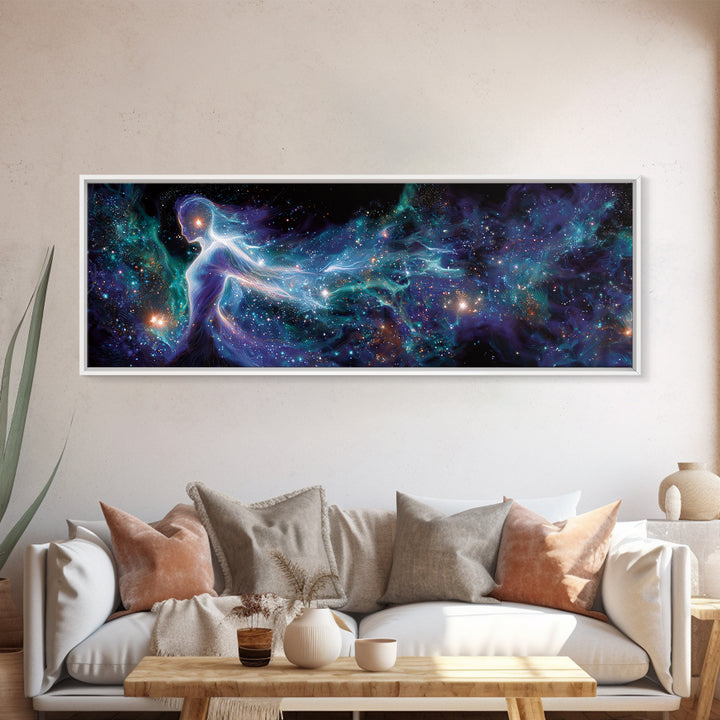 Cosmic Goddess Figure Drifting Through Stars Framed Canvas Print, Celestial Wall Art For Meditation Room Decor And Spiritual Gift