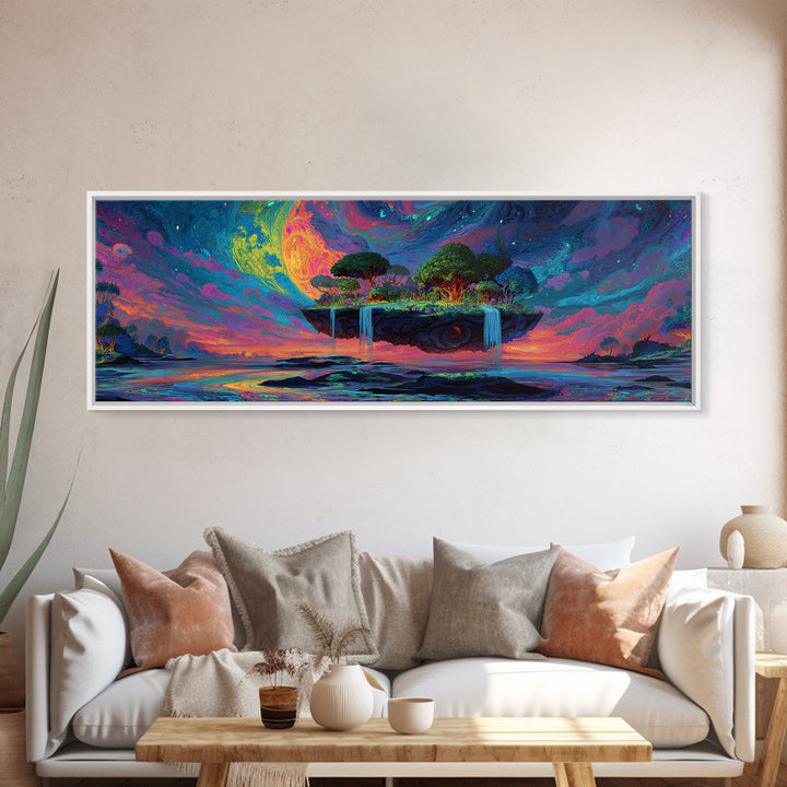 Floating Island Waterfalls Canvas Print, Crescent Moon Fantasy Seascape, Celestial Wall Art For Bedroom Or Living Room Decor