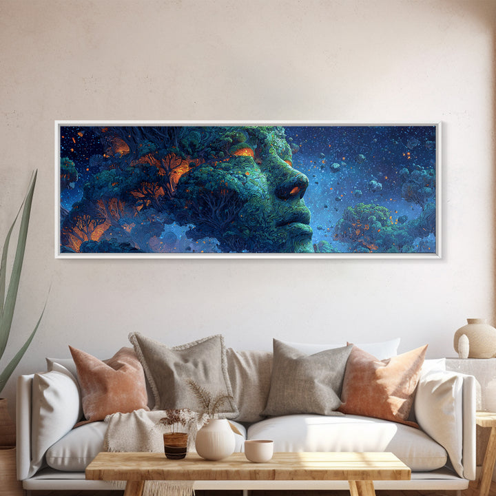 Cosmic Forest Goddess Face Wall Art, Surreal Nature Canvas Print, Mystical Celestial Decor, Psychedelic Large Statement Art