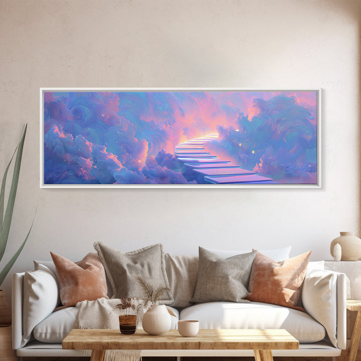 Pastel Stairway To Heaven Framed Canvas Print, Dreamy Cloudscape Wall Art, Fantasy Celestial Bedroom Decor, Gift For Her